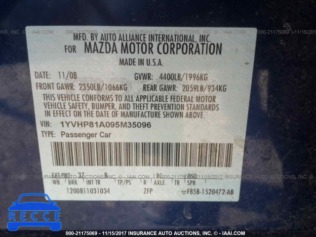 2009 Mazda 6 I 1YVHP81A095M35096 зображення 8