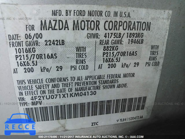 2001 Mazda Tribute DX 4F2YU071X1KM04130 image 8
