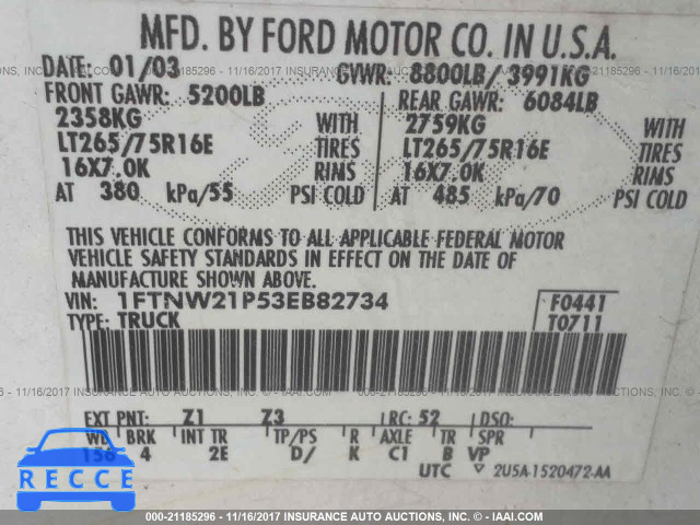 2003 Ford F250 SUPER DUTY 1FTNW21P53EB82734 зображення 8