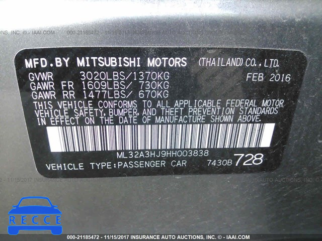 2017 MITSUBISHI MIRAGE ES ML32A3HJ9HH003838 зображення 8