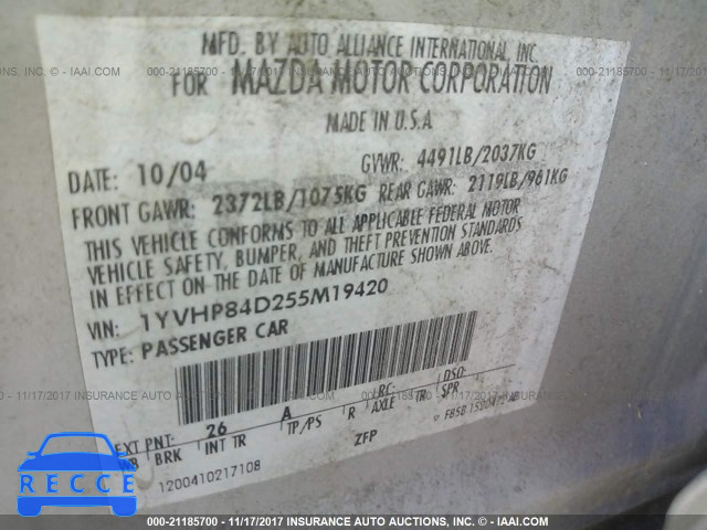 2005 Mazda 6 S 1YVHP84D255M19420 зображення 8