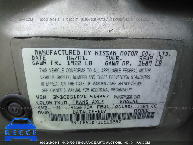 2001 Nissan Sentra XE/GXE 3N1CB51D71L513257 image 8