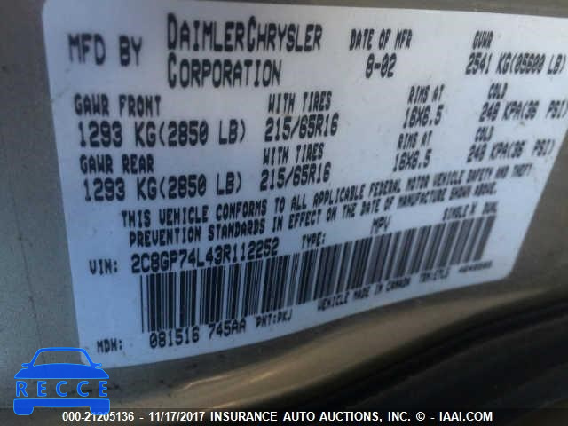 2003 CHRYSLER TOWN & COUNTRY EX 2C8GP74L43R112252 image 8