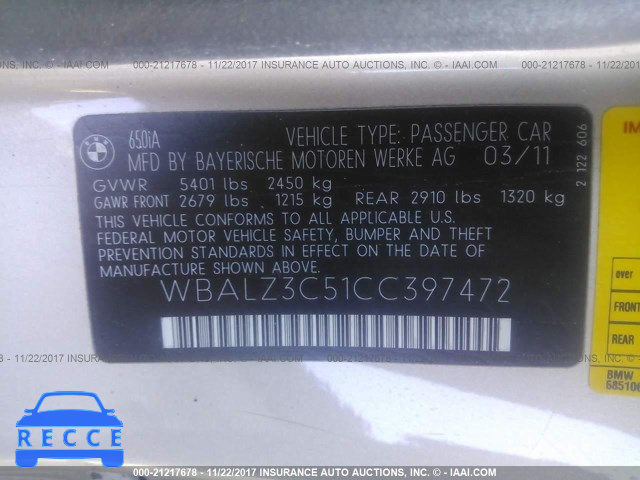 2012 BMW 650 I WBALZ3C51CC397472 Bild 8