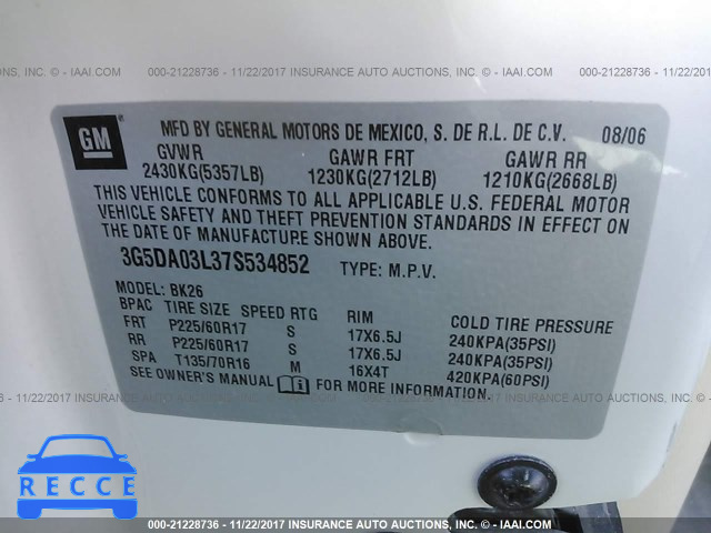 2007 Buick Rendezvous CX/CXL 3G5DA03L37S534852 зображення 8