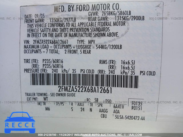2006 Ford Freestar SEL 2FMZA522X6BA12661 image 8