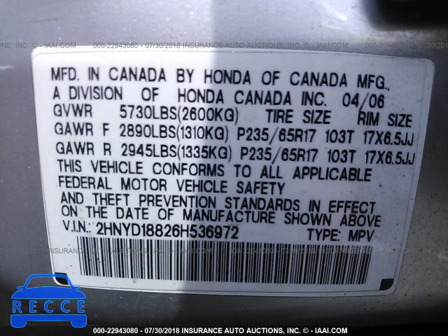 2006 ACURA MDX TOURING 2HNYD18826H536972 image 8