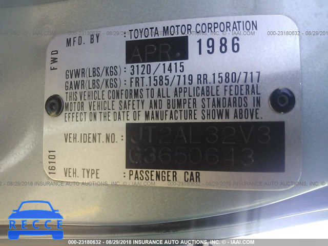 1986 TOYOTA TERCEL DELUXE JT2AL32V3G3650643 image 2