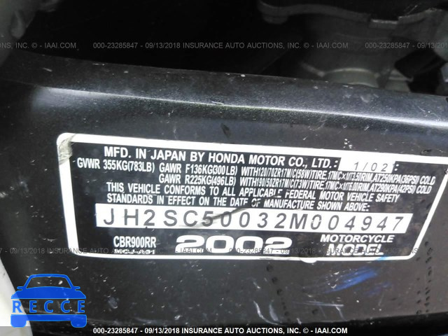 2002 HONDA CBR900 RR JH2SC50032M004947 Bild 9