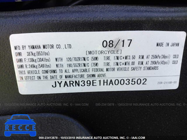 2017 YAMAHA YZFR1 JYARN39E1HA003502 image 9