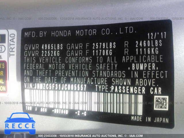 2018 HONDA CLARITY TOURING JHMZC5F31JC005557 image 8