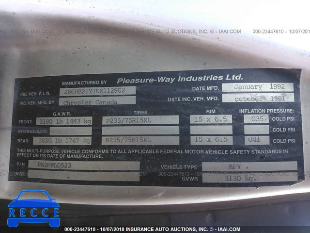 1992 DODGE RAM VAN B250 2B6HB21Y7NK112902 image 8