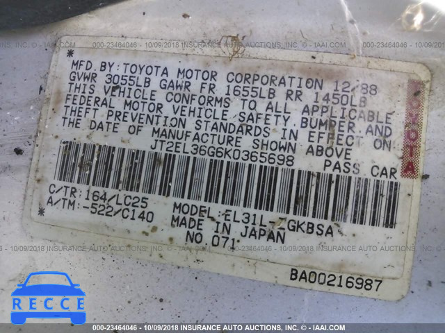 1989 TOYOTA TERCEL EZ JT2EL36G6K0365698 image 8