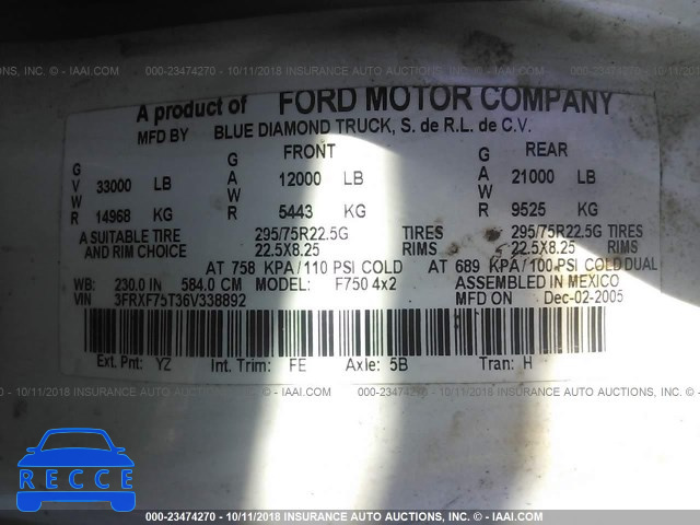 2006 FORD F750 SUPER DUTY 3FRXF75T36V338892 image 9