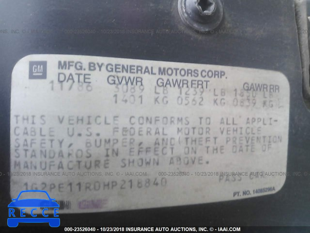 1987 PONTIAC FIERO 1G2PE11R0HP218840 image 8