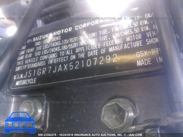 2005 SUZUKI GSX-R750 K JS1GR7JAX52107292 image 9