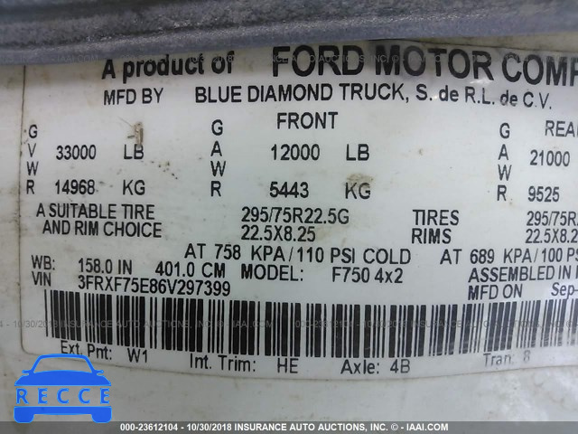 2006 FORD F750 SUPER DUTY 3FRXF75E86V297399 зображення 9