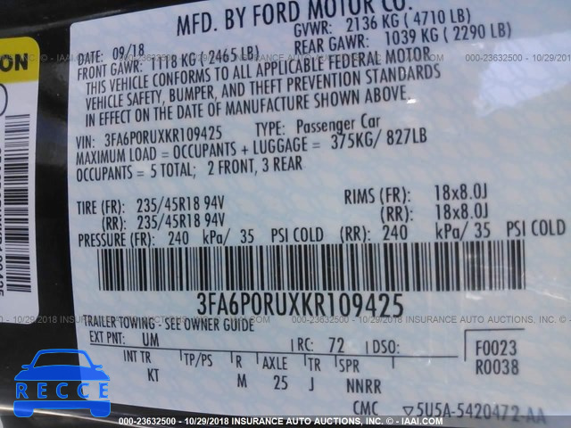 2019 FORD FUSION TITANIUM 3FA6P0RUXKR109425 зображення 8