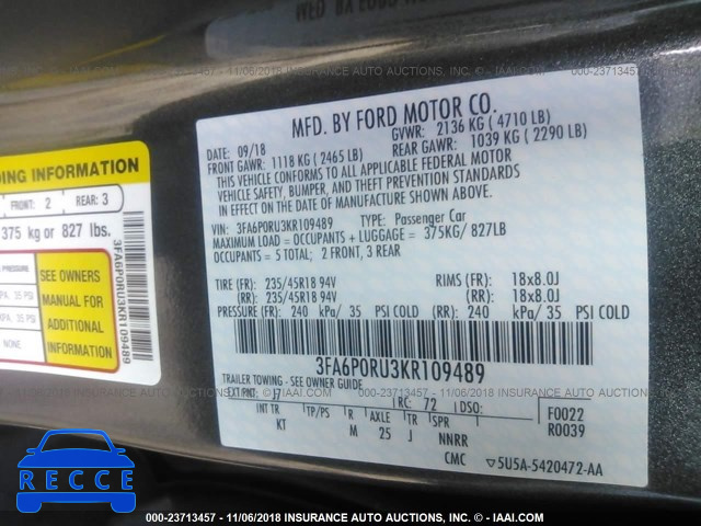 2019 FORD FUSION TITANIUM 3FA6P0RU3KR109489 зображення 8