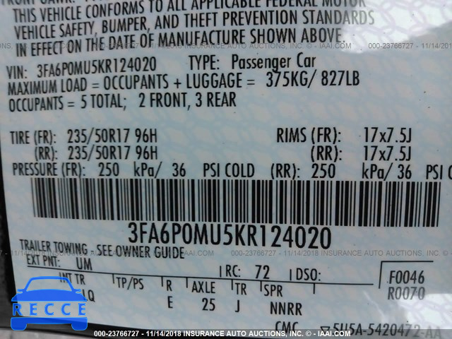 2019 FORD FUSION 3FA6P0MU5KR124020 Bild 8