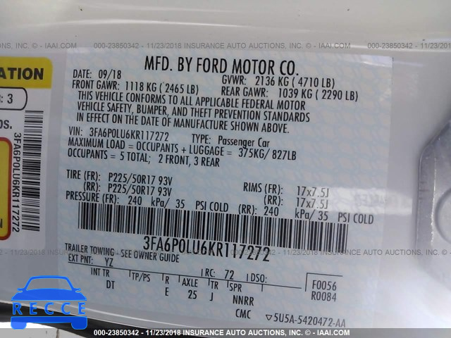 2019 FORD FUSION 3FA6P0LU6KR117272 зображення 8