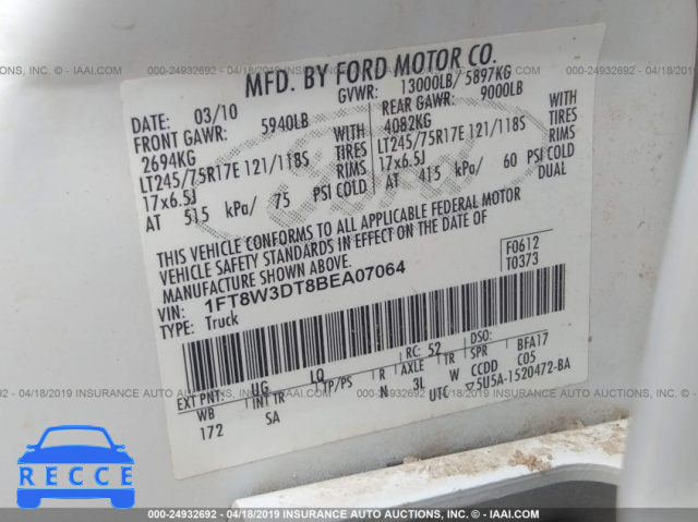2011 FORD F350 SUPER DUTY 1FT8W3DT8BEA07064 image 9