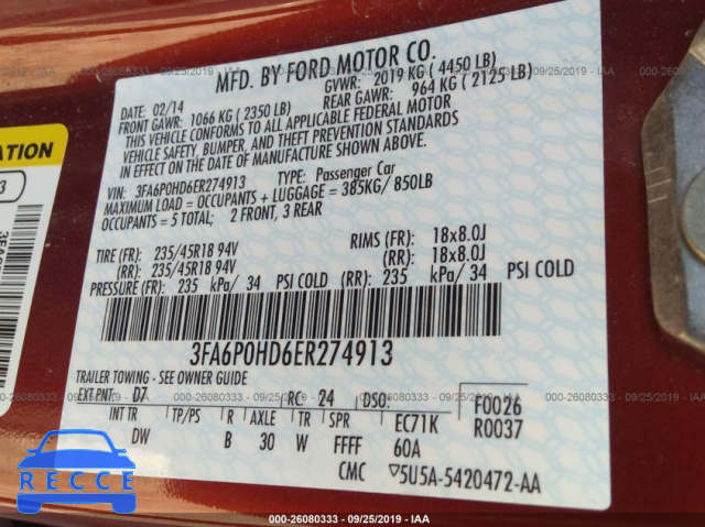 2014 FORD FUSION SE 3FA6P0HD6ER274913 image 8