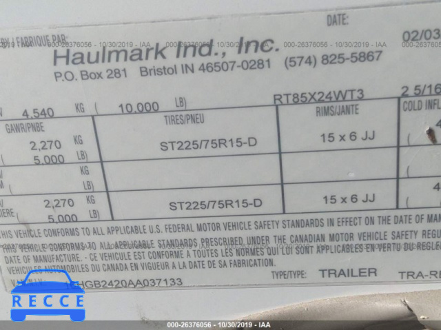 2010 HAUL MARK IND UTILITY 16HGB2420AA037133 зображення 8