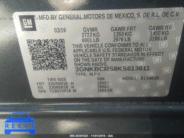 2019 CHEVROLET BLAZER 3GNKBCRS8KS613611 image 8