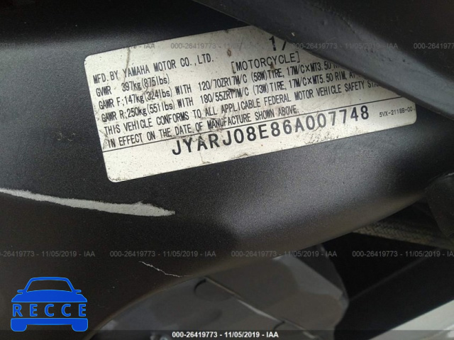 2006 YAMAHA FZ6 S JYARJ08E86A007748 зображення 9