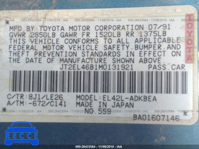 1991 TOYOTA TERCEL STD JT2EL46B1M0131921 image 8