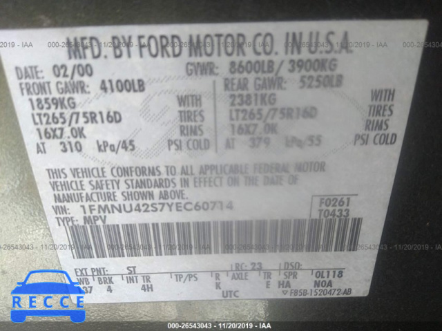 2000 FORD EXCURSION LIMITED 1FMNU42S7YEC60714 image 8