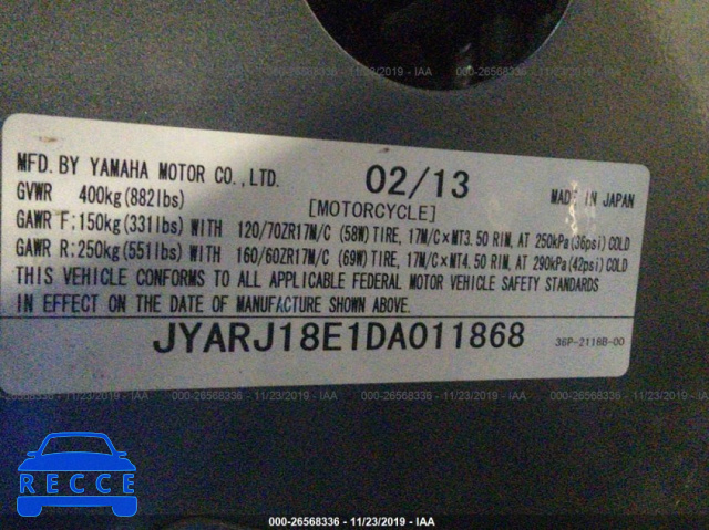 2013 YAMAHA FZ6 R JYARJ18E1DA011868 image 9