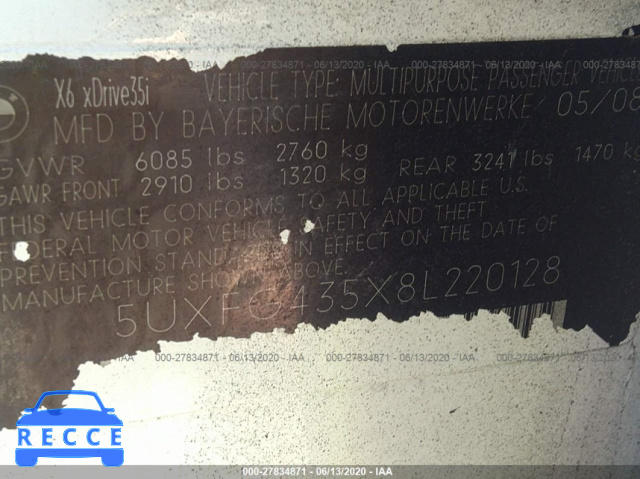 2008 BMW X6 XDRIVE35I 5UXFG435X8L220128 image 8