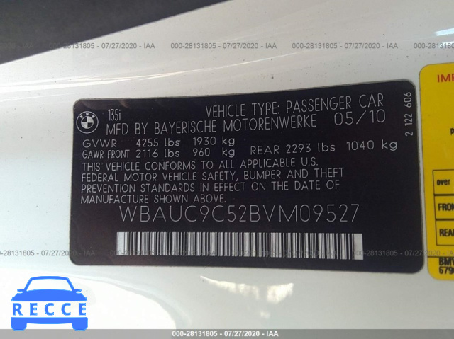 2011 BMW 1 SERIES 135I WBAUC9C52BVM09527 image 8
