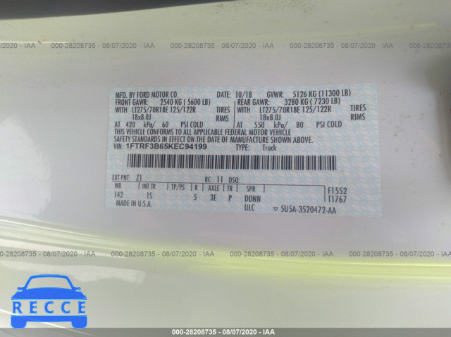 2019 FORD SUPER DUTY F-350 SRW XL/XLT 1FTRF3B65KEC94199 image 8