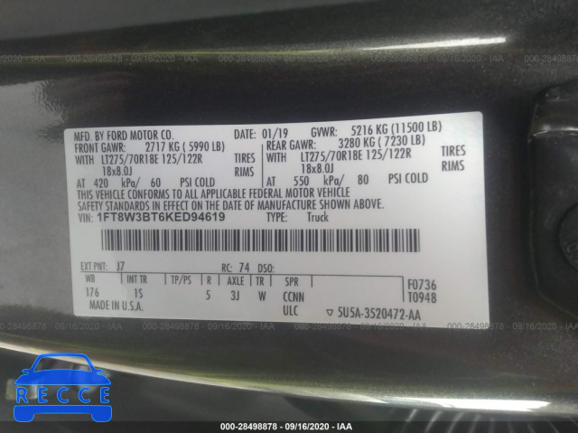 2019 FORD SUPER DUTY F-350 SRW XL/XLT/LARIAT 1FT8W3BT6KED94619 image 8