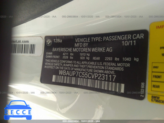 2012 BMW 1 SERIES 128I WBAUP7C55CVP23117 image 8