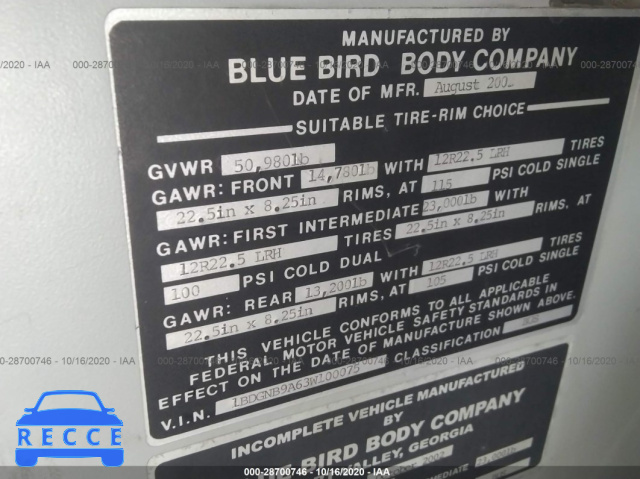 2003 BLUE BIRD BUS 1BDGNB9A63W100075 image 8
