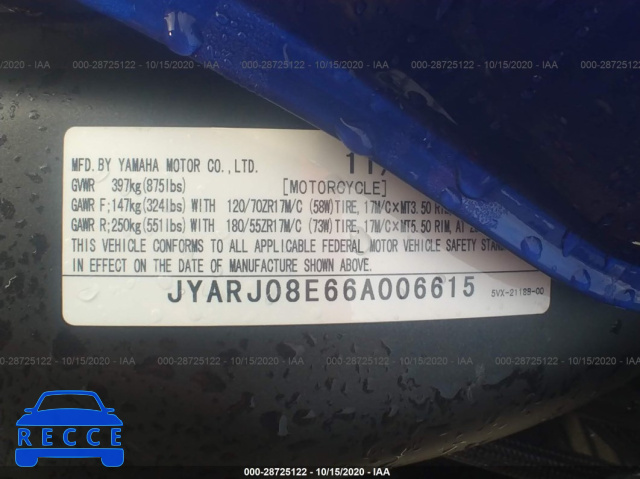 2006 YAMAHA FZ6 S JYARJ08E66A006615 зображення 9