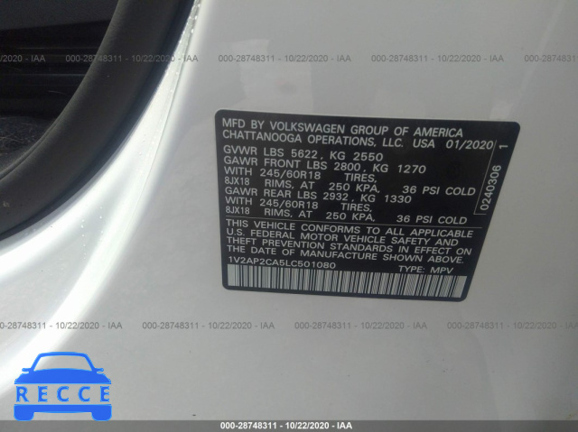 2020 VOLKSWAGEN ATLAS 2.0T S 1V2AP2CA5LC501080 image 8