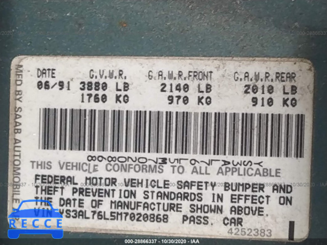 1991 SAAB 900 SE YS3AL76L5M7020868 image 8