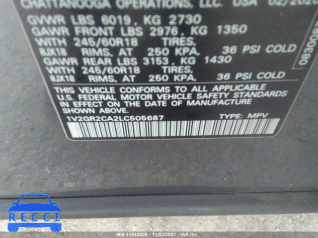 2020 VOLKSWAGEN ATLAS 3.6L V6 S 1V2GR2CA2LC505687 image 8