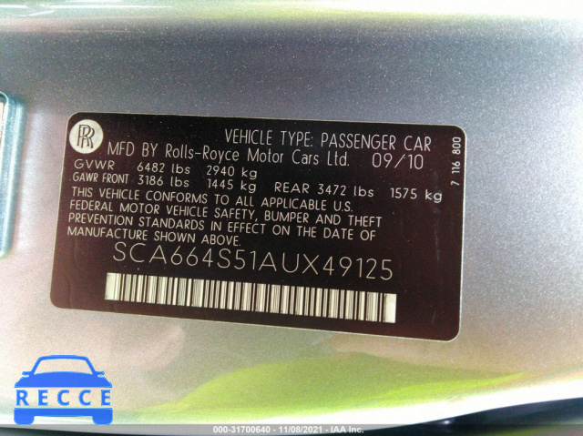 2010 ROLLS-ROYCE GHOST  SCA664S51AUX49125 image 8