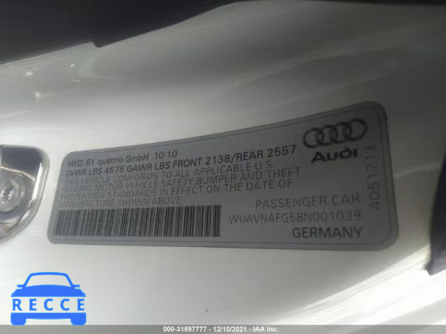 2011 AUDI R8 5.2L WUAVNAFG5BN001039 image 8