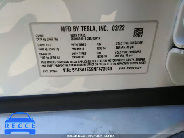 2022 TESLA MODEL S 5YJSA1E59NF473940 image 8