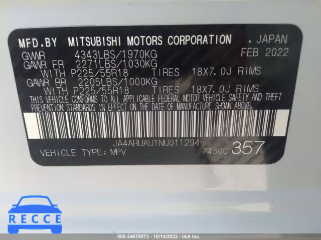 2022 MITSUBISHI OUTLANDER SPORT ES/LE/SE JA4ARUAU1NU011294 image 8