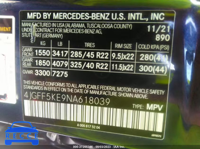 2022 MERCEDES-BENZ GLS GLS 450 4JGFF5KE9NA618039 image 8