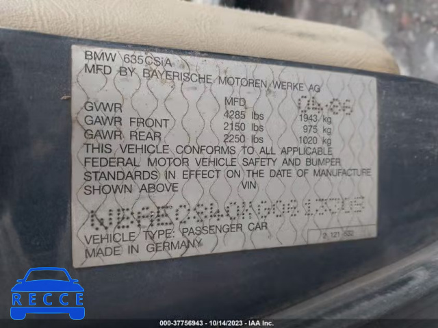 1986 BMW 635 CSI AUTOMATICATIC WBAEC840XG0613305 image 8