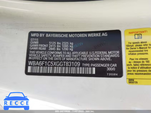 2016 BMW 640I WBA6F1C5XGGT83109 зображення 8